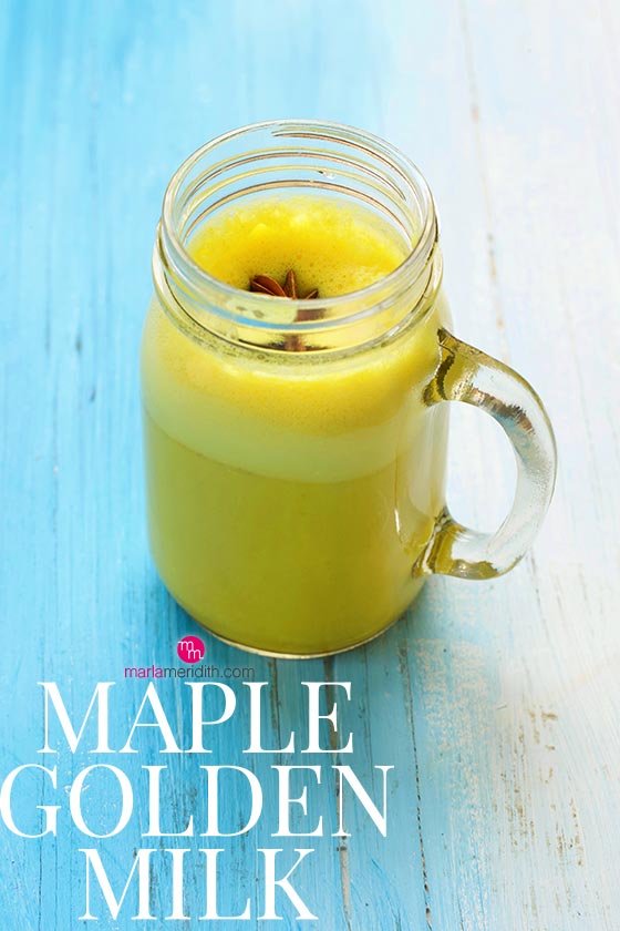Vegan Maple Golden Milk recipe, enjoy hot or over ice! MarlaMeridith.com