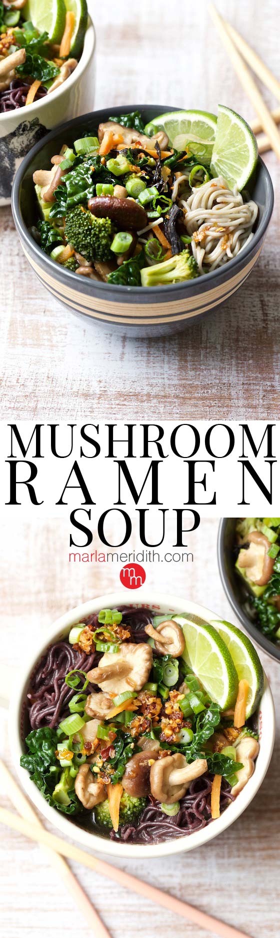 This Mushroom Ramen Soup recipe will swoon vegetarians and all ramen lovers! MarlaMeridith.com