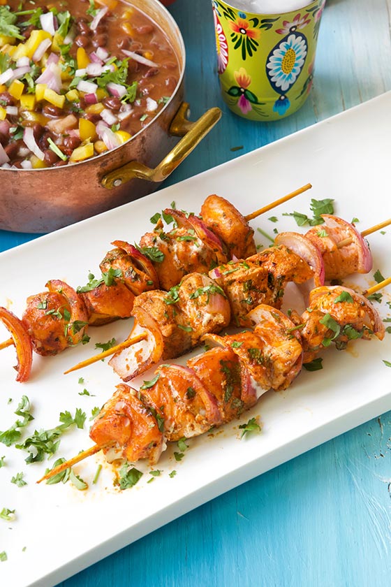 We love these healthy Mexican Pan Seared Salmon Kabobs with BUSH’S® Black Bean Fiesta for family dinner and summer entertaining! MarlaMeridith.com #ad