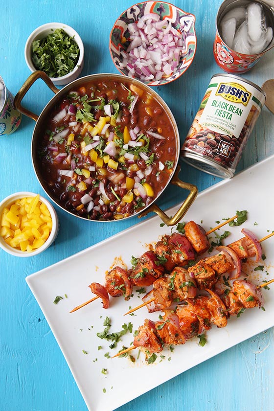 We love these healthy Mexican Pan Seared Salmon Kabobs with BUSH’S® Black Bean Fiesta™ for family dinner and summer entertaining! MarlaMeridith.com #ad