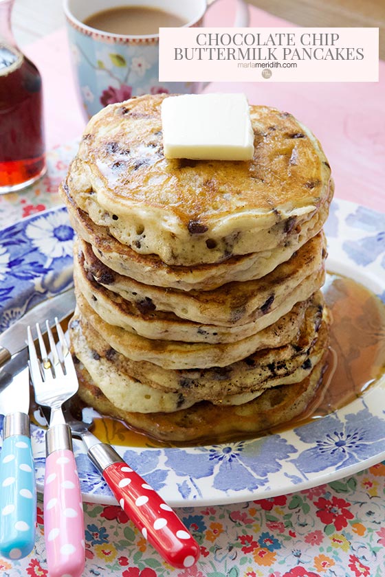 These Chocolate Chip Buttermilk Pancakes are always the hero at any breakfast or brunch table. Serve these up and you will be everyones hero too! Get the recipe on MarlaMeridith.com 