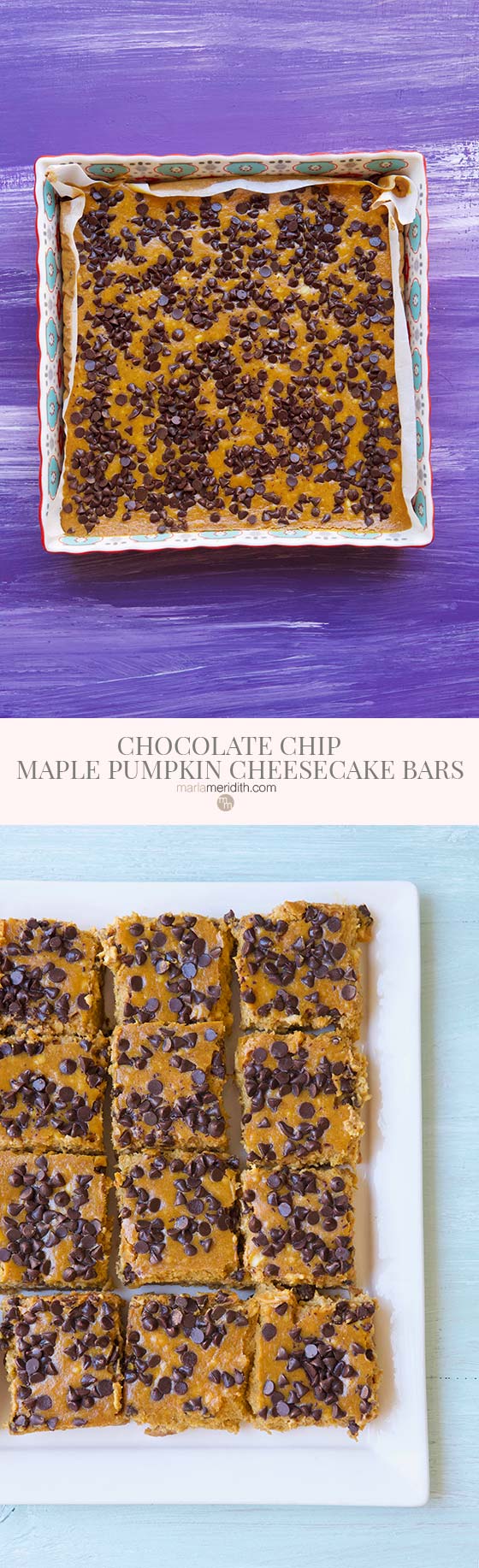 Chocolate Chip Maple Pumpkin Cheesecake Bars are everything a pumpkin lover could wish for and then some! Get the recipe on MarlaMeridith.com