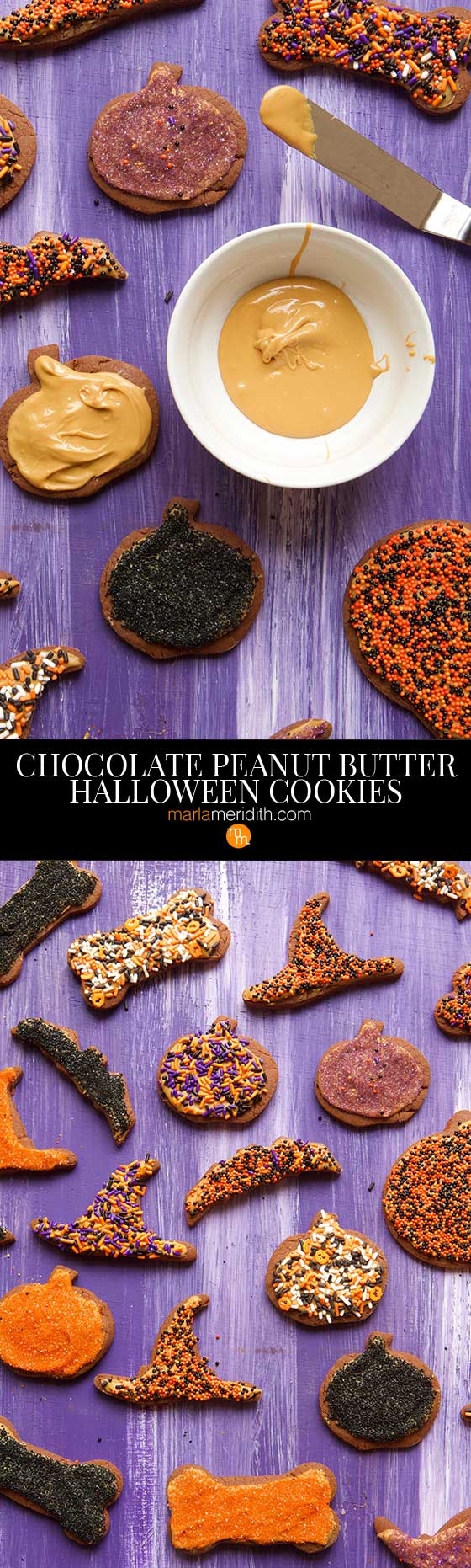 These Chocolate Peanut Butter Halloween Cookies are a festive recipe to bake for the spookiest holiday treats. A great project to do with the kids! MarlaMeridith.com