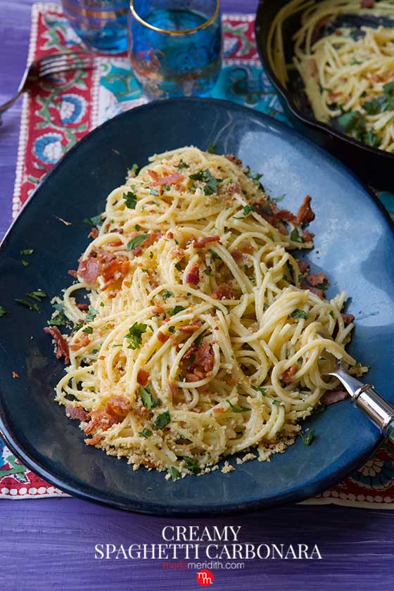 Cook up this easy and delicious Creamy Spaghetti Carbonara recipe for family dinners and entertaining. Ready in just 20 minutes! marlameridith.com