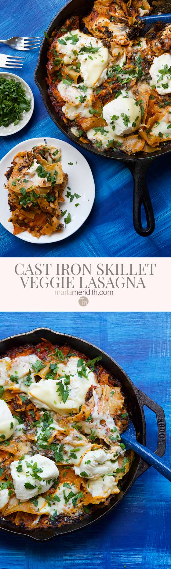 Enjoy this rustic and delicious Simple One-Pot Cast Iron Skillet Veggie Lasagna recipe as soon as you can. A hearty, healthy dinner option for busy families looking for weeknight meal solutions. MarlaMeridith.com