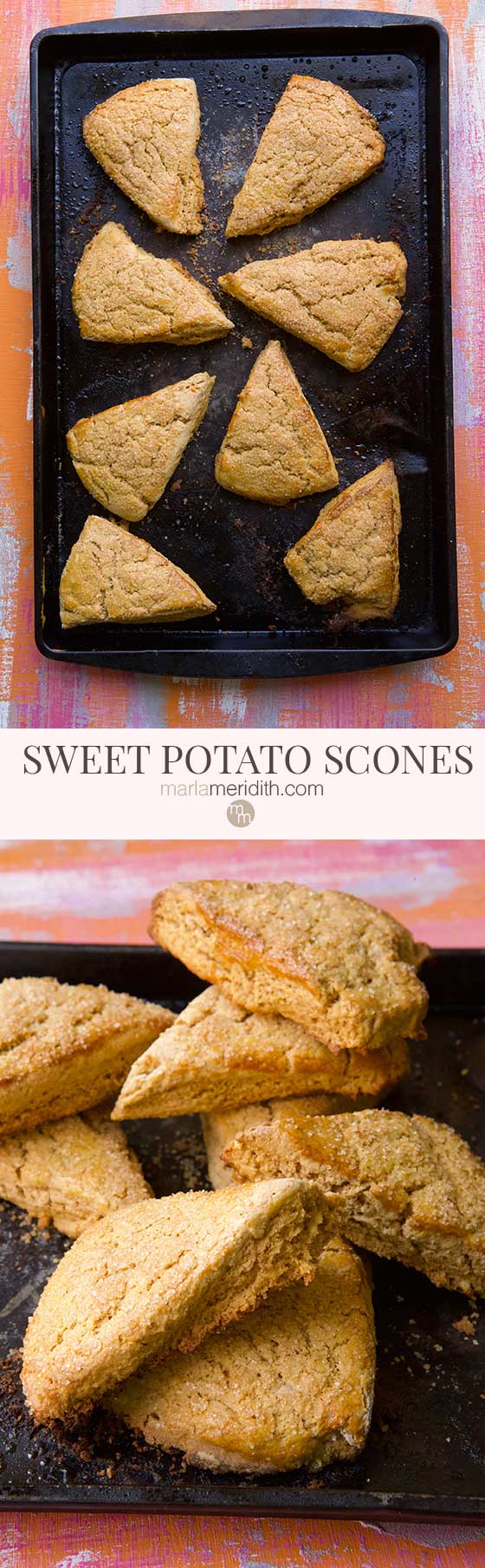 These Sweet Potato Scones come together quickly and easily. A delicious recipe for breakfast, brunch and snacks. Great for holiday entertaining! MarlaMeridith.com