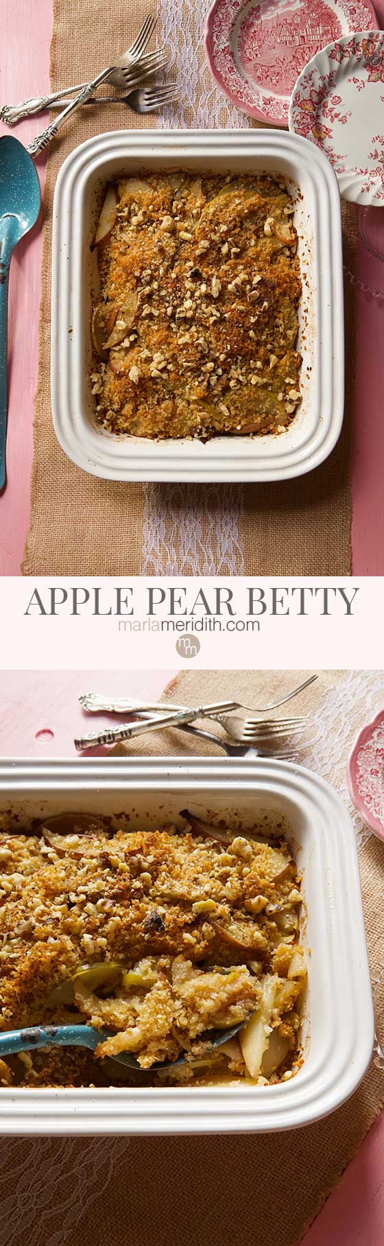 We love this fruit filled apple Pear Betty recipe, an irresistible rustic dessert that's great for holiday entertaining. Comes together quickly! MarlaMeridith.com 