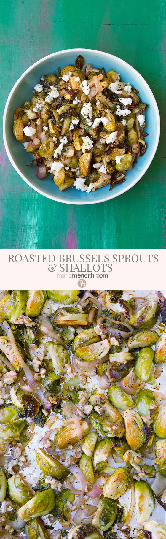 Enjoy this healthy and delicious Roasted Brussels Sprouts & Shallots recipe as a holiday side dish or add in some grains for a vegan meal. MarlaMeridith.com