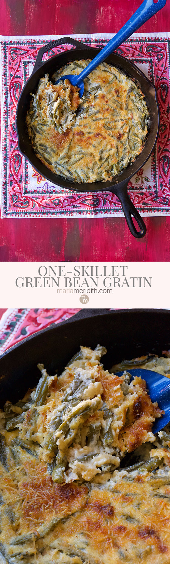 We love this One-Skillet Green Bean Gratin recipe, a delicious holiday side dish! Simple to prepare and only one pot to clean up makes this dish dreamy! MarlaMeridith.com