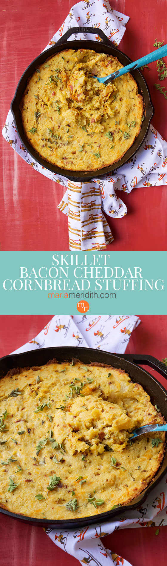 Make this delicious Skillet Bacon Cheddar Cornbread Stuffing recipe for the holidays. Bet this side dish is gone before any other on the table! MarlaMeridith.com