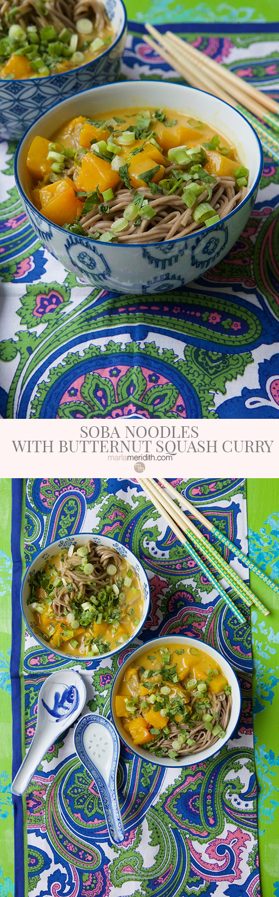 Healthy, Vegetarian Soba Noodles with Butternut Squash Curry recipe. This is a delicious weeknight meal for the entire family. MarlaMeridith.com