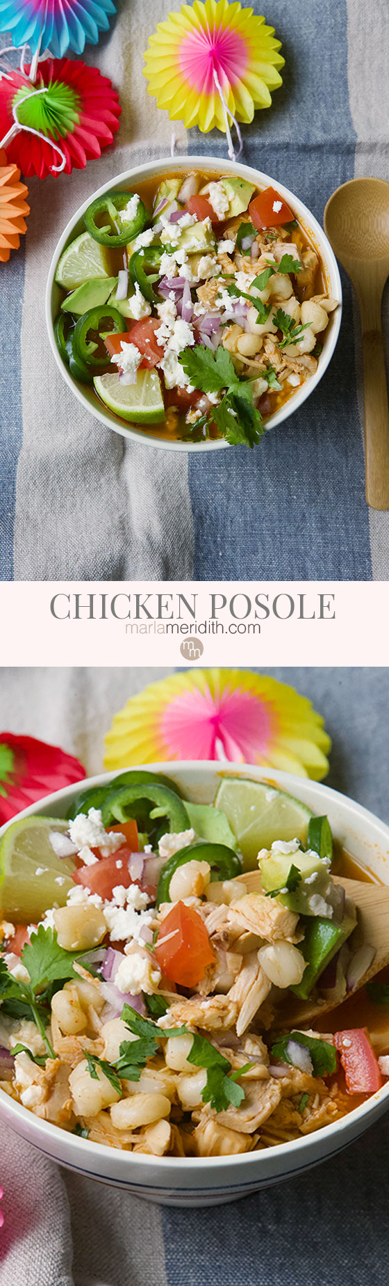 Posole or Pozole is a traditional soup or stew from Mexico. It's the perfect dish for the cooler months as it warms you from the inside out. This Chicken Posole recipe is the perfect family meal! MarlaMeridith.com