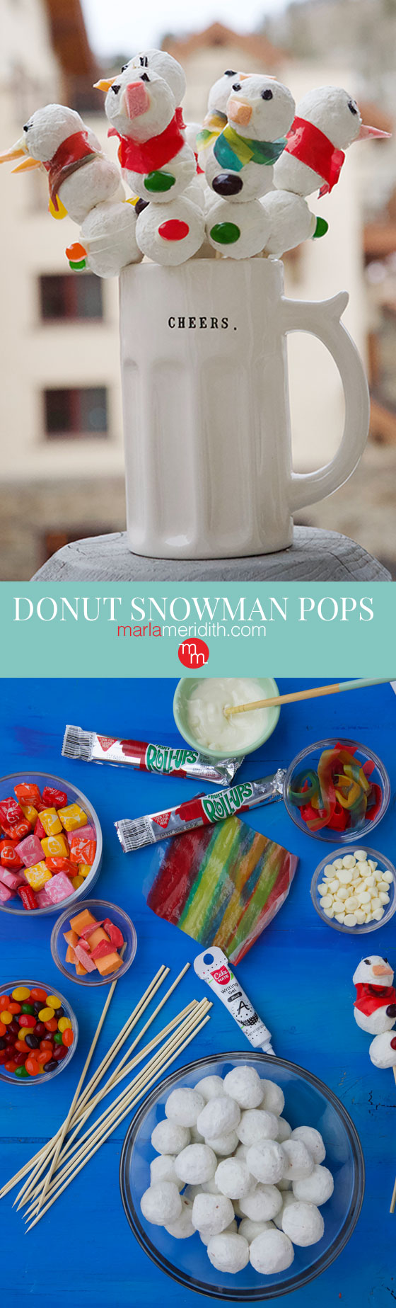 How cute are these Donut Snowman Pops? A simple holiday edible craft you can make with the kids. Ingredients are easy to find and these come together quickly for any winter celebration. MarlaMeridith.com