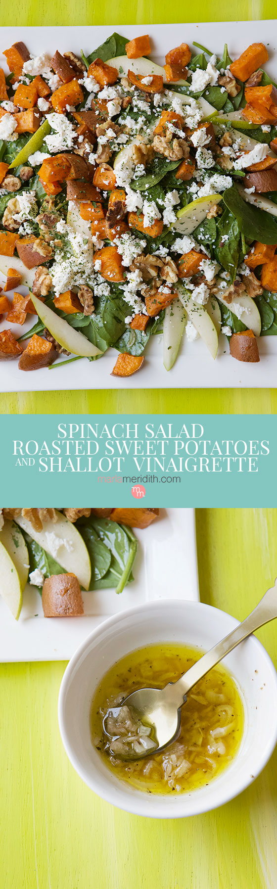 We love this healthy and delicious Spinach Salad with Roasted Sweet Potatoes and Shallot Vinaigrette recipe, a gluten free, vegetarian dish great for the holidays! MarlaMeridith.com