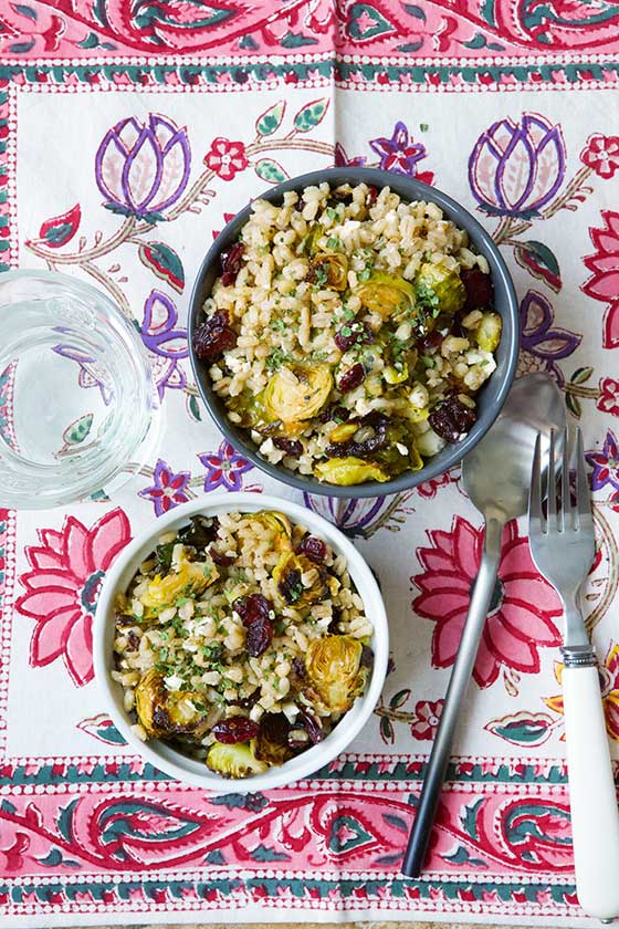 We love this healthy Barley Salad with Roasted Brussels Sprouts, Cranberries & Feta recipe. It's so easy to prepare, a great vegetarian meal for lunch or dinner! MarlaMeridith.com
