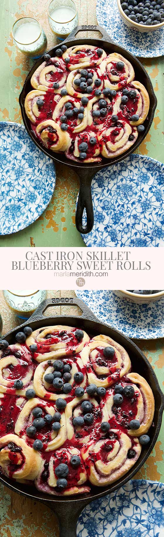 Everyone will love these Delicious Cast-Iron Skillet Blueberry Sweet Rolls. The recipe is super simple and the homemade sweet roll dough is a must! MarlaMeridith.com