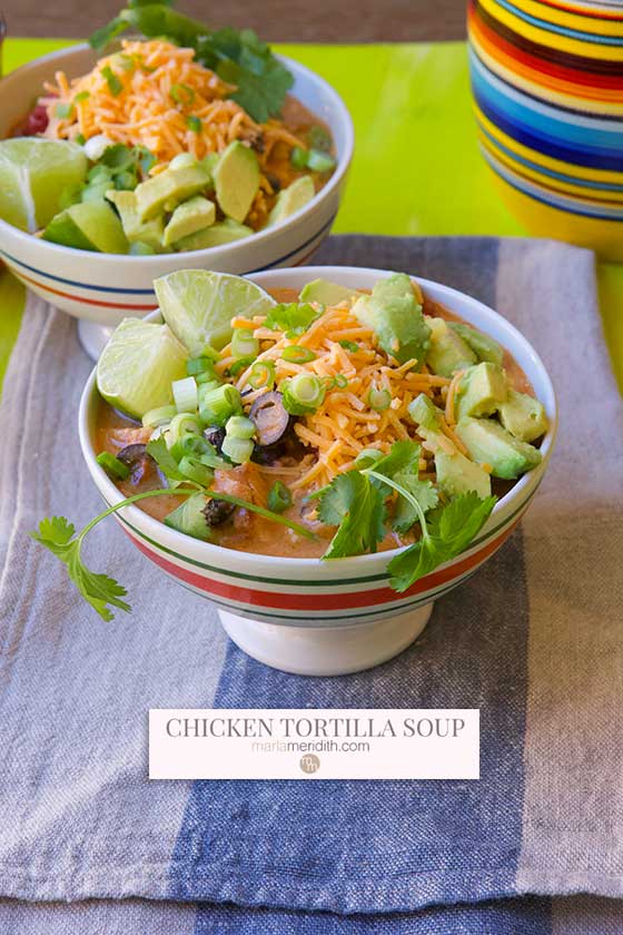 Make a batch of this soul warming Chipotle Chicken Tortilla Soup recipe, a hearty, delicious meal for the entire family. MarlaMeridith.com