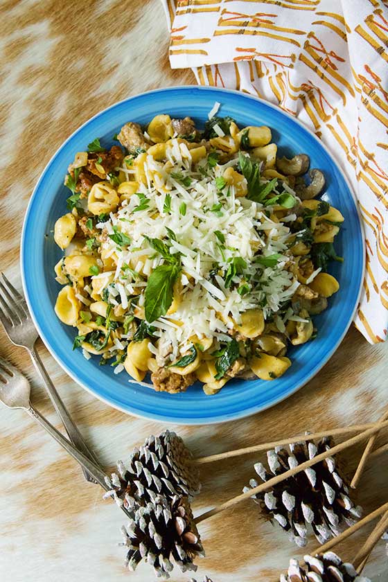 Make this recipe for delicious Orecchiette with Sausage, Mushrooms & Spinach and your family will swoon over it! No need for Italian take-out when you can cook this dish easily at home. MarlaMeridith.com