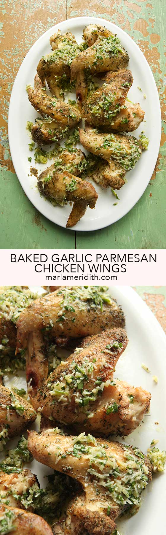 Around here we can't get enough chicken wings and this recipe for Baked Garlic Parmesan Chicken Wings is among our favorites! Serve as part of your weeknight dinner or for any kind of entertaining. Great for game day! MarlaMeridith.com