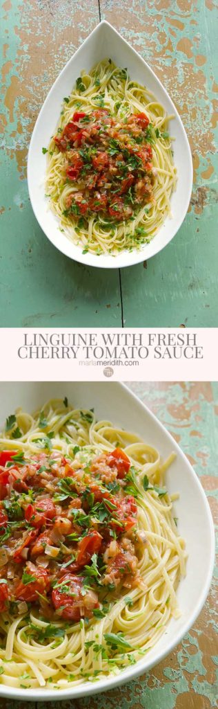This Linguine with Fresh Cherry Tomato Sauce recipe is perfect for simple and delicious family meals and equally as great for easy entertaining too. Ready in under 20 minutes! MarlaMeridith.com