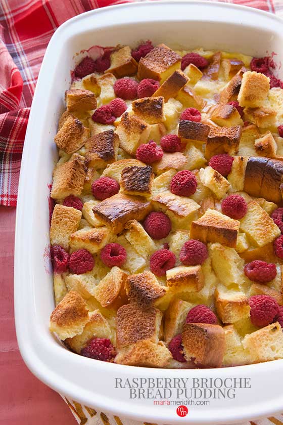 We love this easy and delicious Raspberry Brioche Bread Pudding recipe. Feeds a crowd for breakfast and brunch! MarlaMeridith.com
