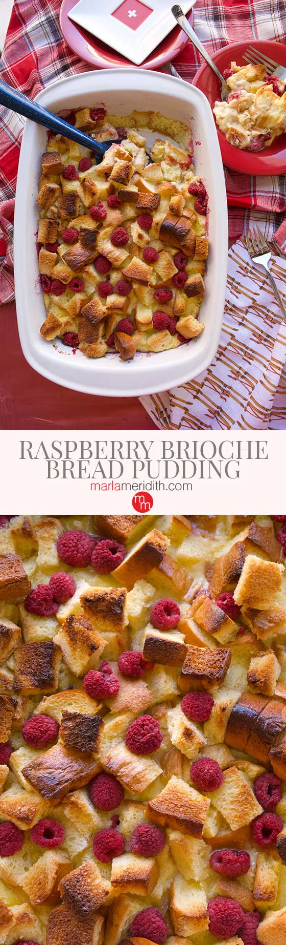 We love this easy and delicious Raspberry Brioche Bread Pudding recipe. Feeds a crowd for breakfast and brunch! MarlaMeridith.com