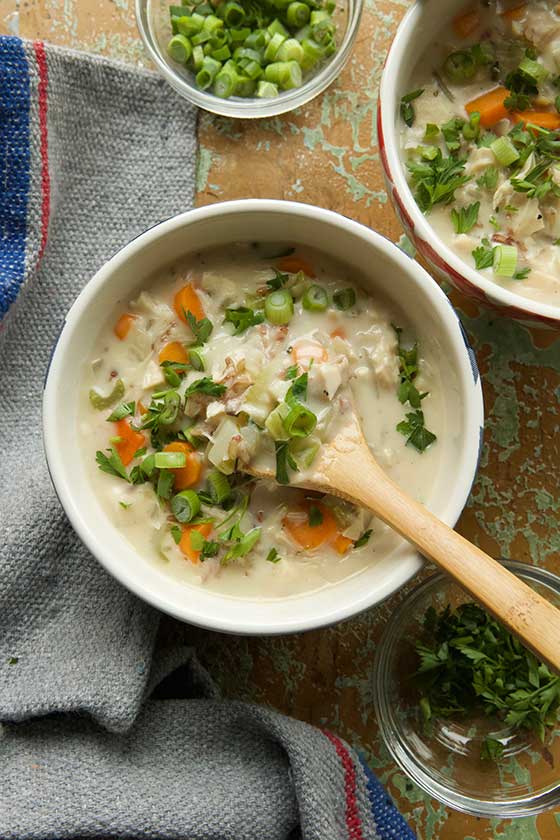 Hearty Creamy Rotisserie Chicken and Wild Rice Soup recipe. MarlaMeridith.com