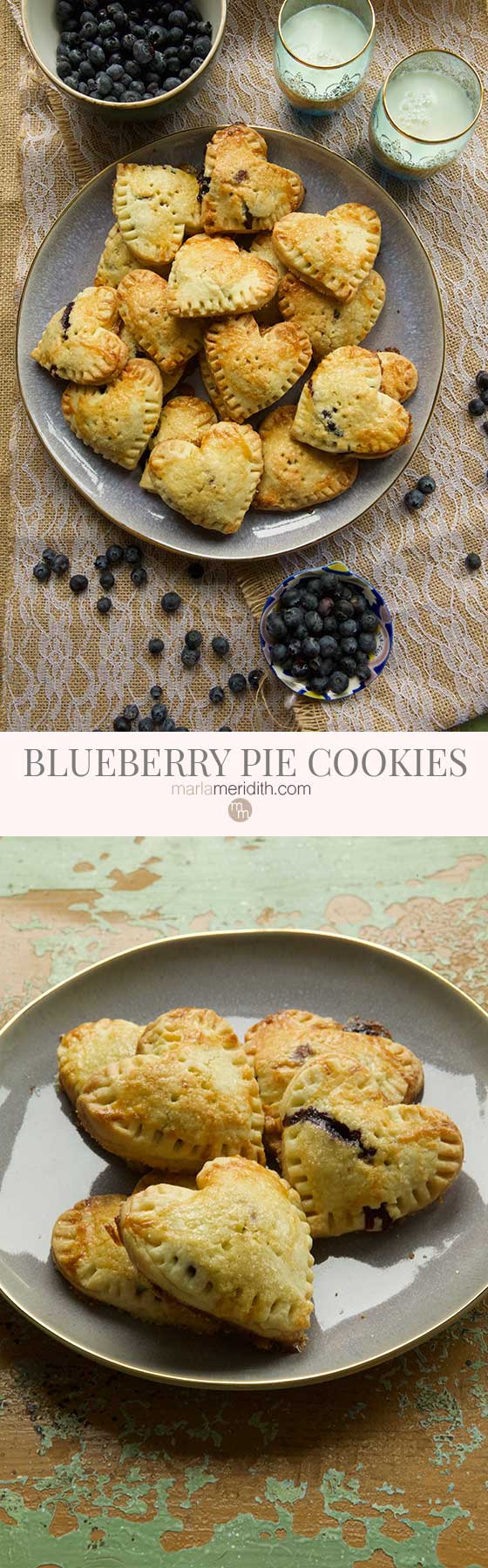 We are completely smitten with these Blueberry Pie Cookies. This recipe is great for entertaining and it will assure you don't eat the entire pie!  MarlaMeridith.com