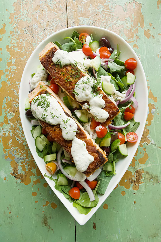 For a super healthy, delicious and gluten free meal you have gotta try this Greek Salad with Salmon and Creamy Feta Dressing recipe. The dressing can also be used as a dip for veggies or wings! MarlaMeridith.com