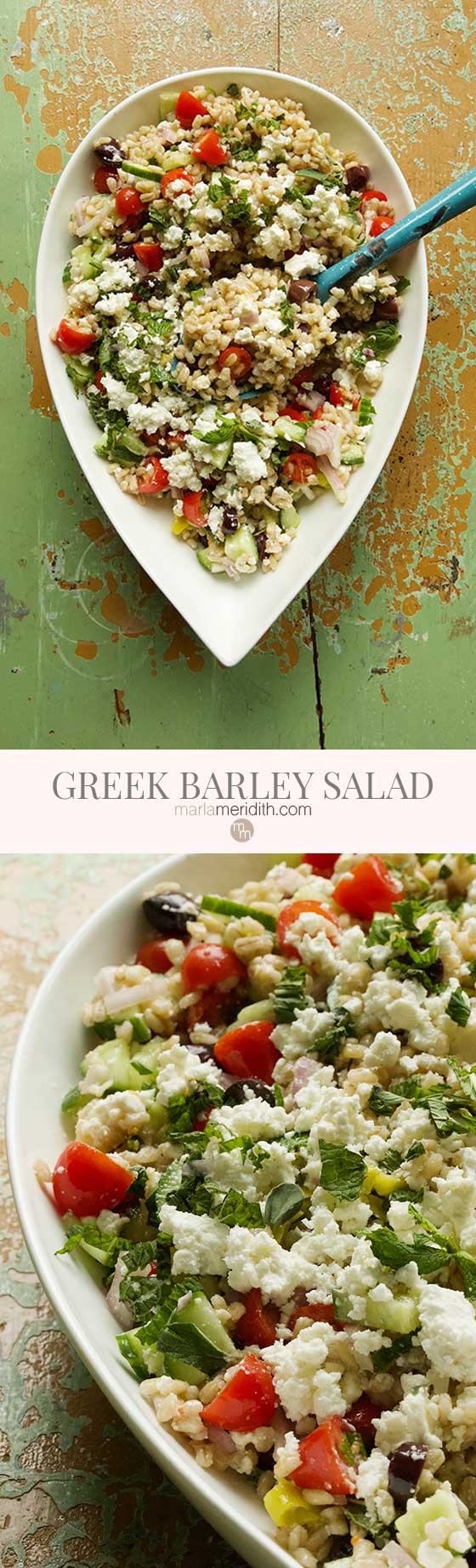 This Vegetarian Greek Barley Salad recipe is the perfect addition to any spring and summer meal planning and entertaining. MarlaMeridith.com