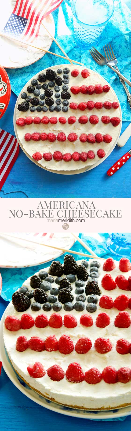 I love to make special desserts for the holidays, especially for July 4th. This Americana No-Bake Cheesecake will impress all your guests and it's super easy to make ahead of time. MarlaMeridith.com