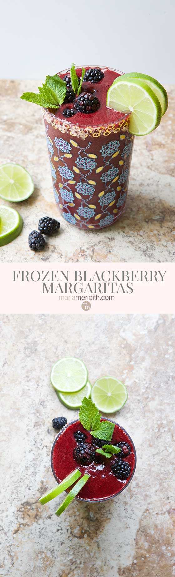 We love these delicious Frozen Blackberry Margaritas on hot summer days. A great happy hour recipe that comes together in minutes! MarlaMeridith.com