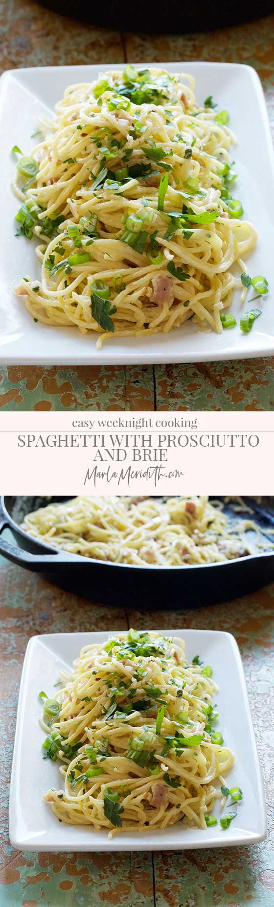 Spaghetti with Prosciutto and Brie recipe, a delicious comfort food dish that is simple and quick to prepare. Perfect for cold winter weeknight meals. MarlaMeridith.com