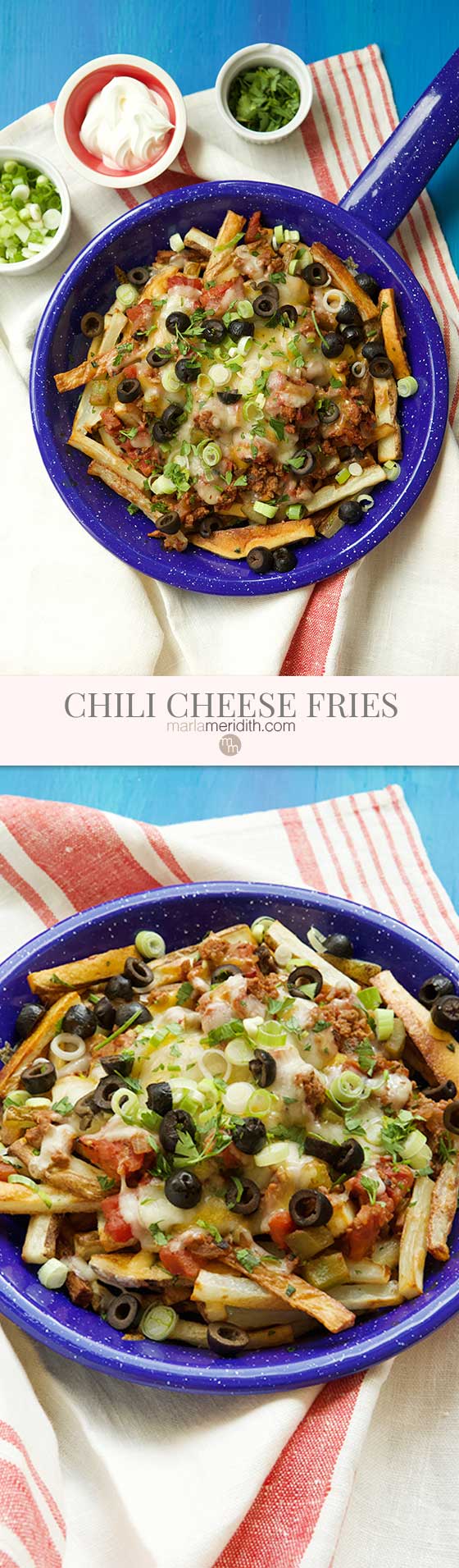 Chili Cheese Baked Fries: this recipe is lightened up and absolutely delicious! MarlaMeridith.com