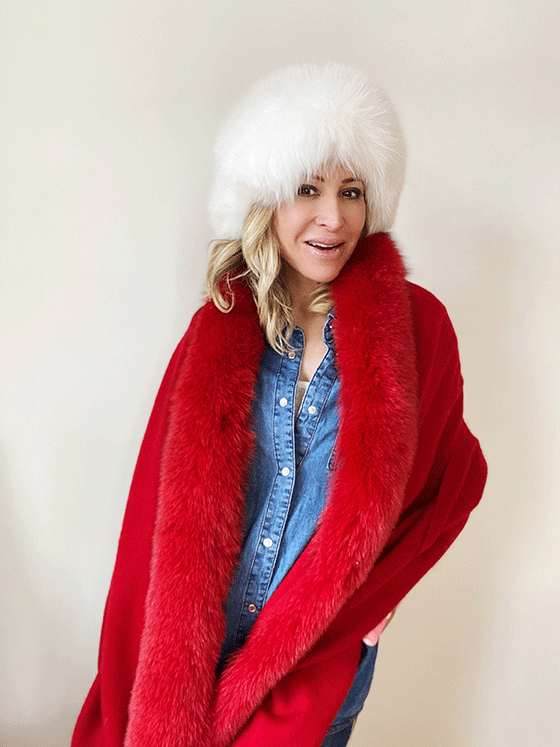 Scarlet Cashmere with Fox Fur Shawl by Wolfie Furs