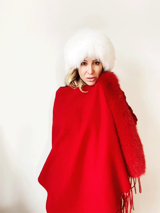 Scarlet Cashmere with Fox Fur Shawl by Wolfie Furs