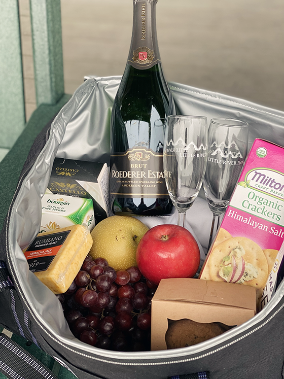 Insulated cheese & wine picnic basket from Little River Inn in Mendocino California