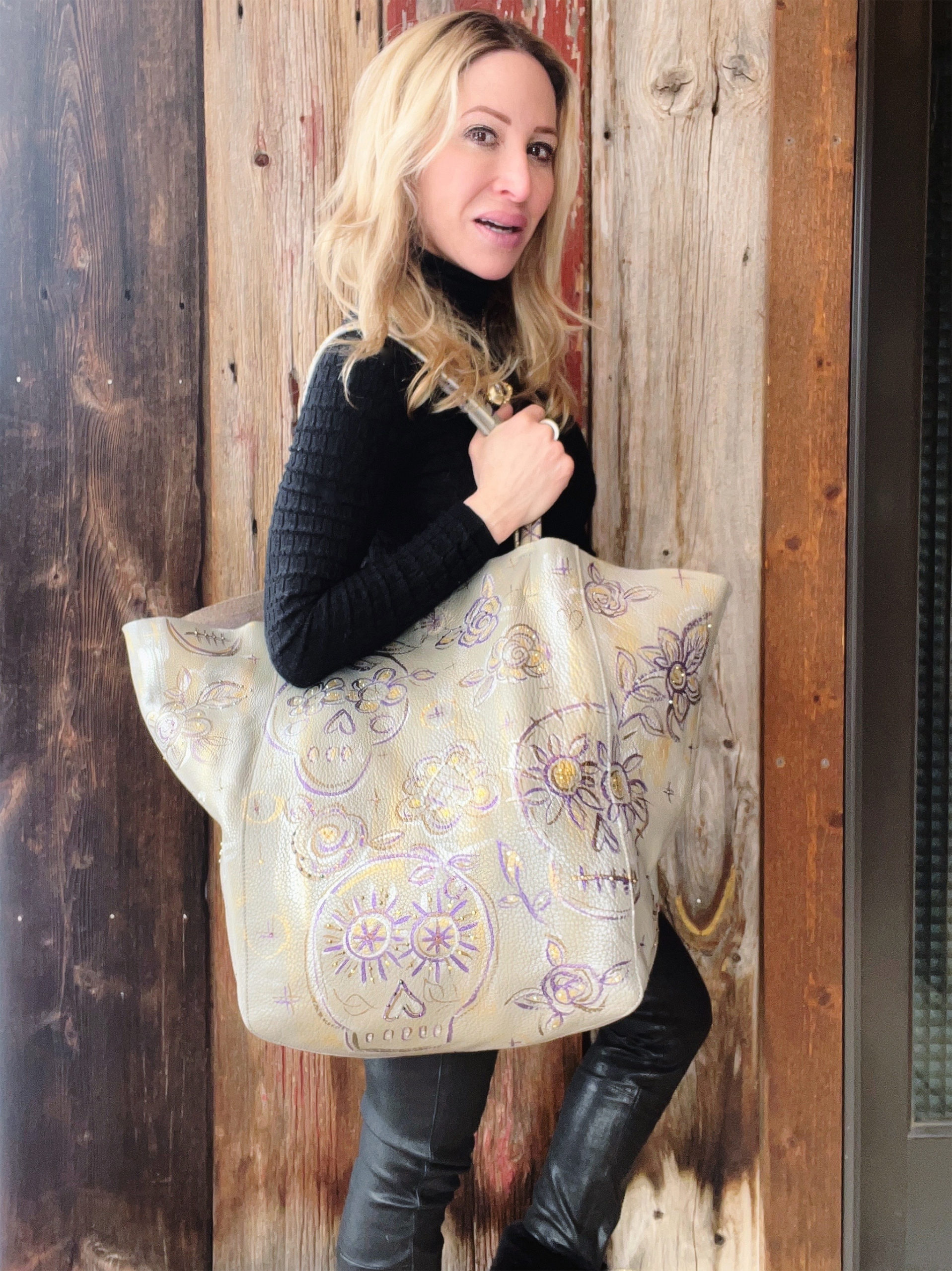 Hand painted, up cycled Madelina Skull Tote by Marla Meridith for Mer Rose Atelier
