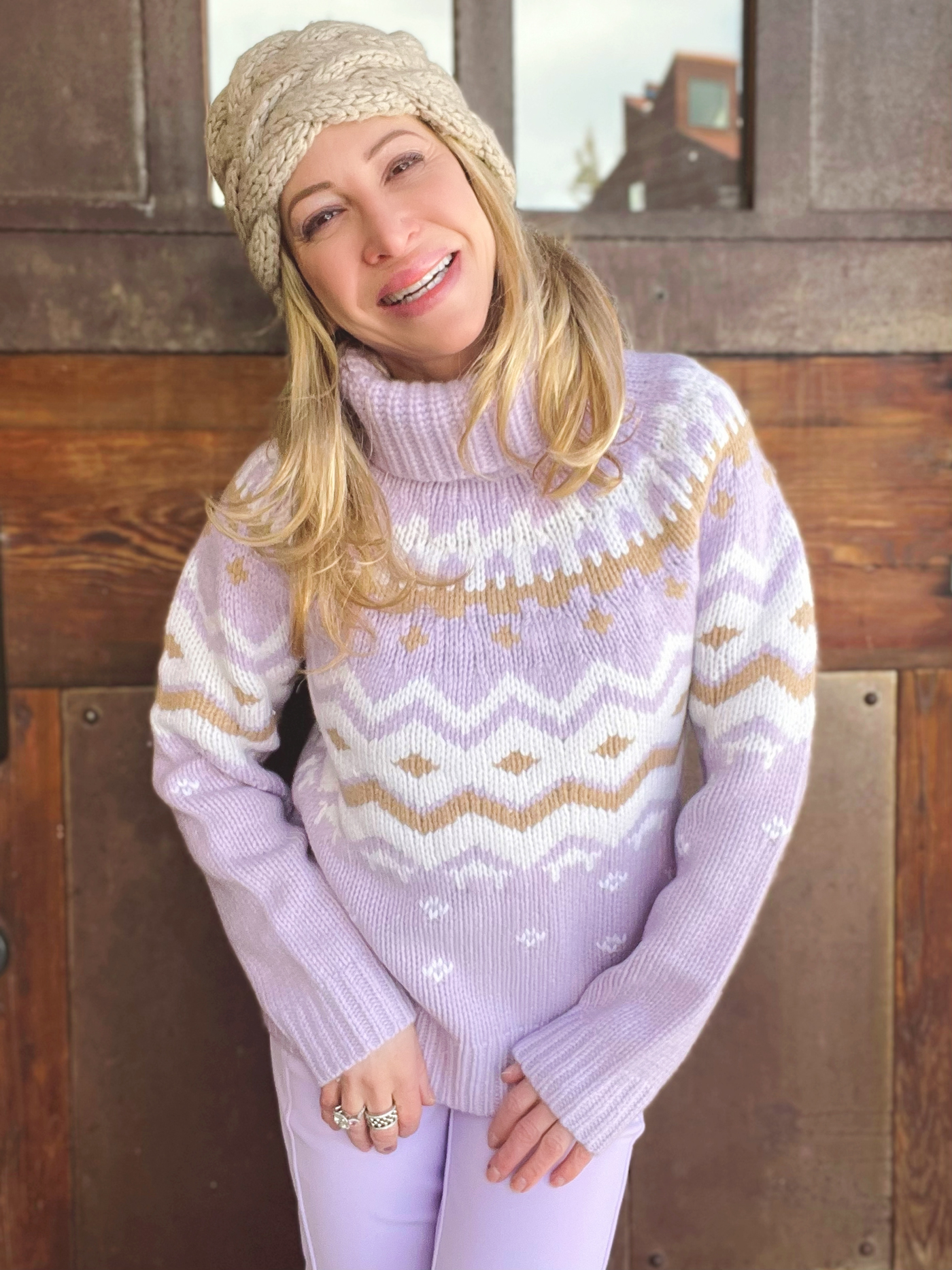 Marla Meridith wearing lilac Fair Isle Bogner cashmer sweater