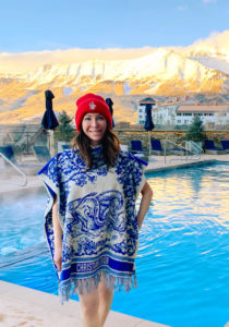 Marla Meridith wearing Dior at Hotel Madeline Telluride pool with Mountain View