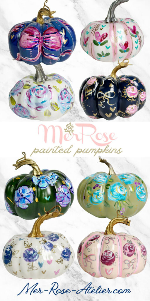 Mer Rose Atelier one-of-a-kind, hand painted pumpkins for festive events by artist Marla Meridith.